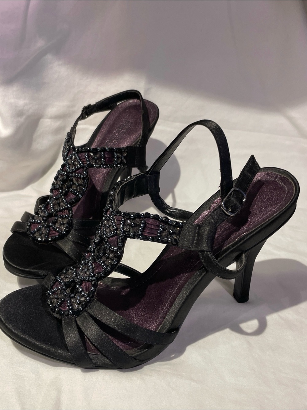 Black Beaded with Purple T-Strap Dress Sandals - Women